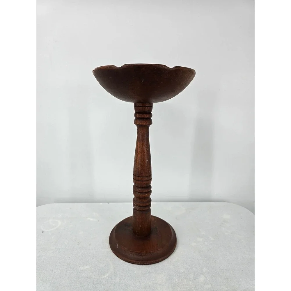 Vintage Hand Turned Wood Pedestal Bowl Scalloped Rim Spindle Base 15.75in Tall